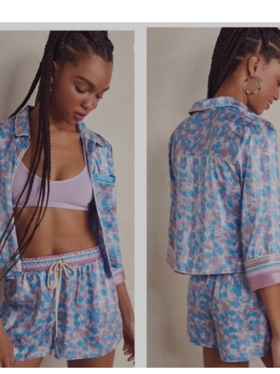 Free People Other - EUC Free people pillow talk Floral Blue & Pink Satin Sleep Shirt and Shorts Set